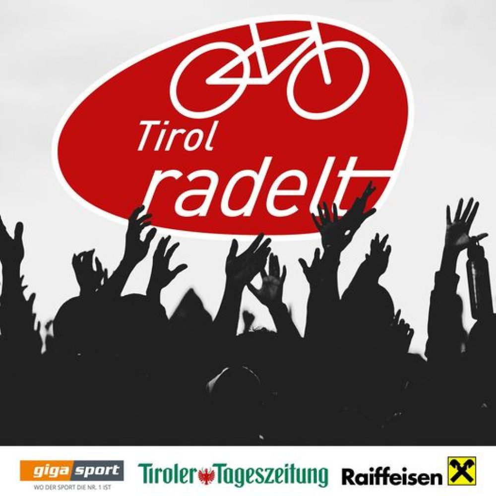 Tirol Radelt Logo mit einer Illustration von jubelnden Personen.